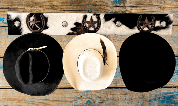 Rustic Western Cowboy Hat Rack with Genuine Cowhide Hair Background
