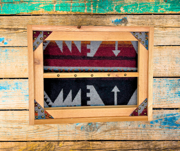 Belt Buckle Display Case with Navajo Wool Design Background
